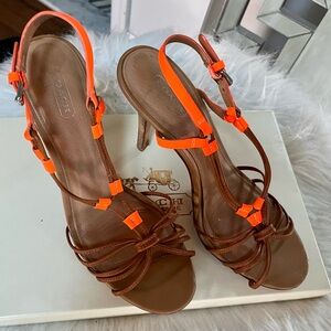 Coach size 8.5 strappy, sexy bright orange and tan heels.